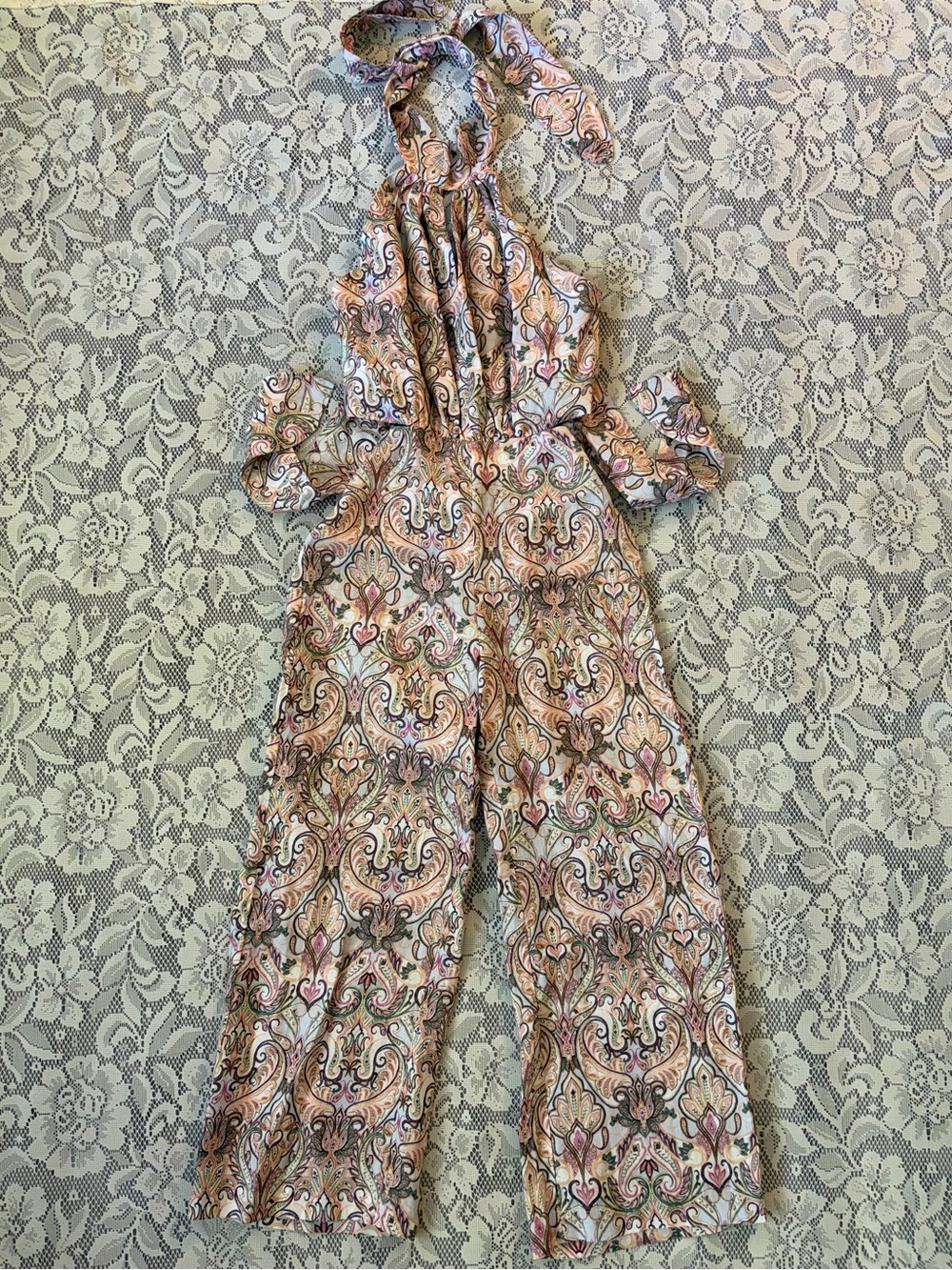 Porto D Almas 100% Linen Halter-Neck Wide Leg Paisley Print Jumpsuit